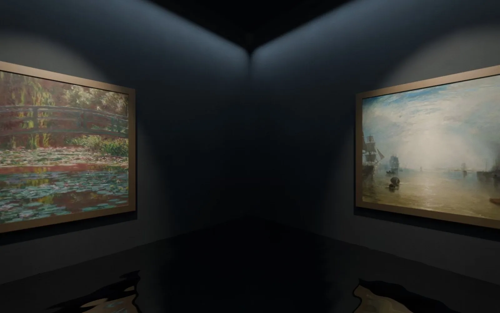 Sala de Inside the Frame: un Monet y un Turner en paredes oscuras, con agua en el suelo