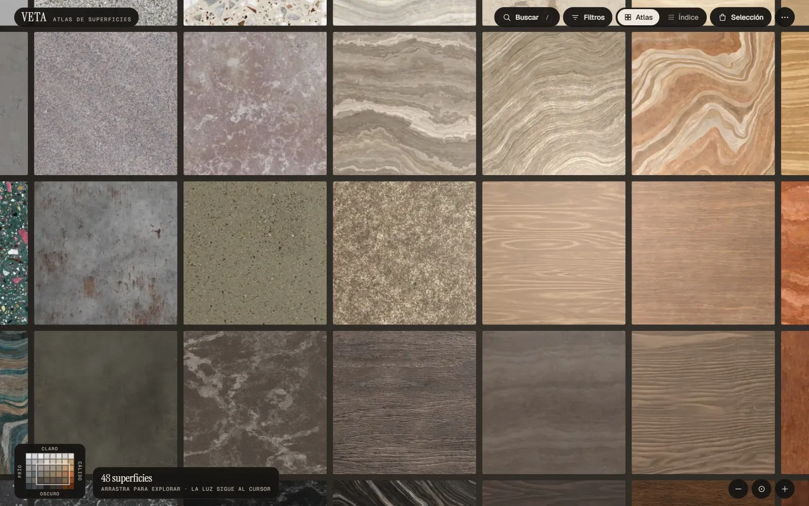 Cuadrícula de VETA con muestras de mármol, terrazo, granito y madera ordenadas por tono.