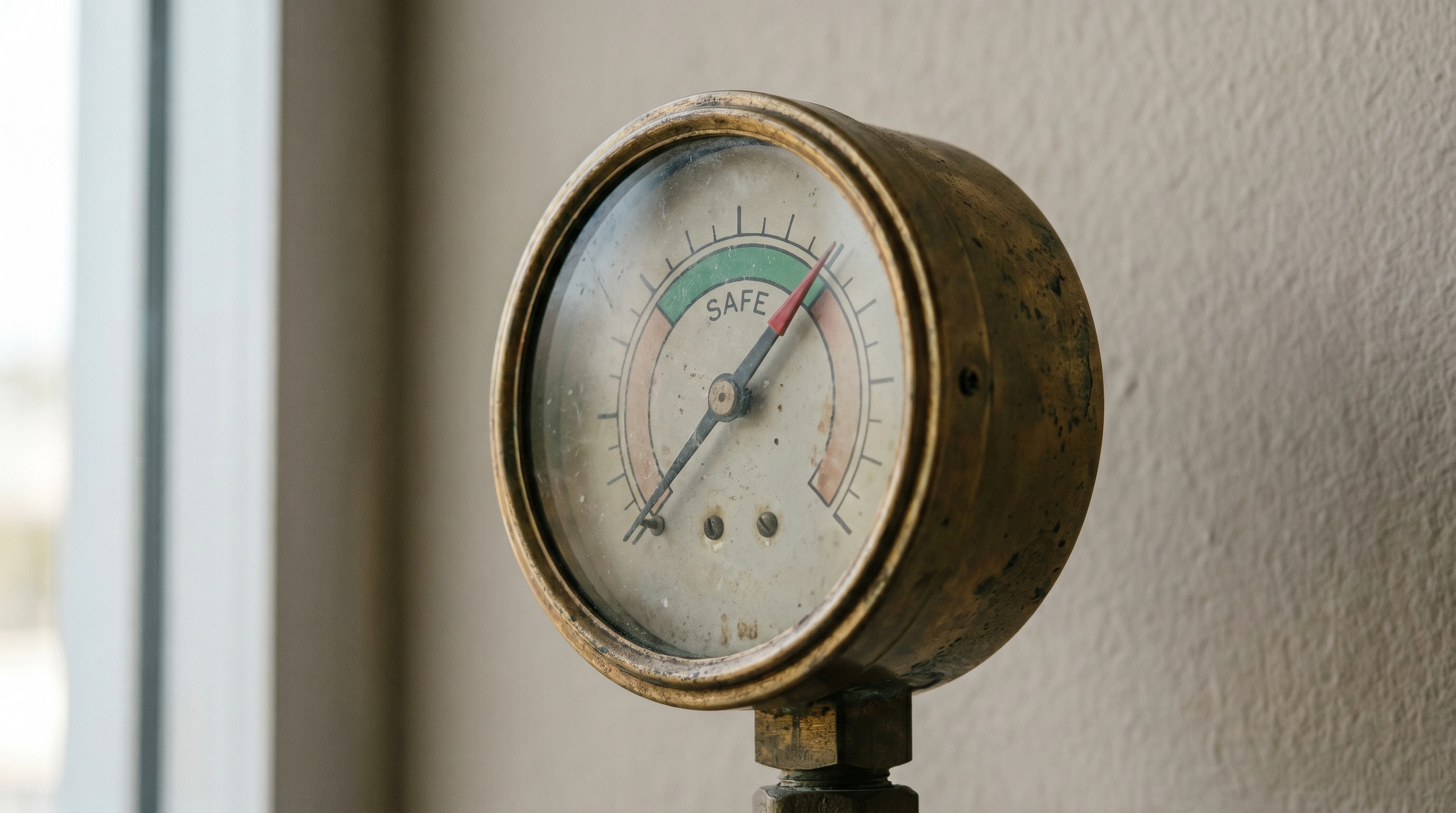 Manómetro vintage con aguja apuntando a la zona verde del dial