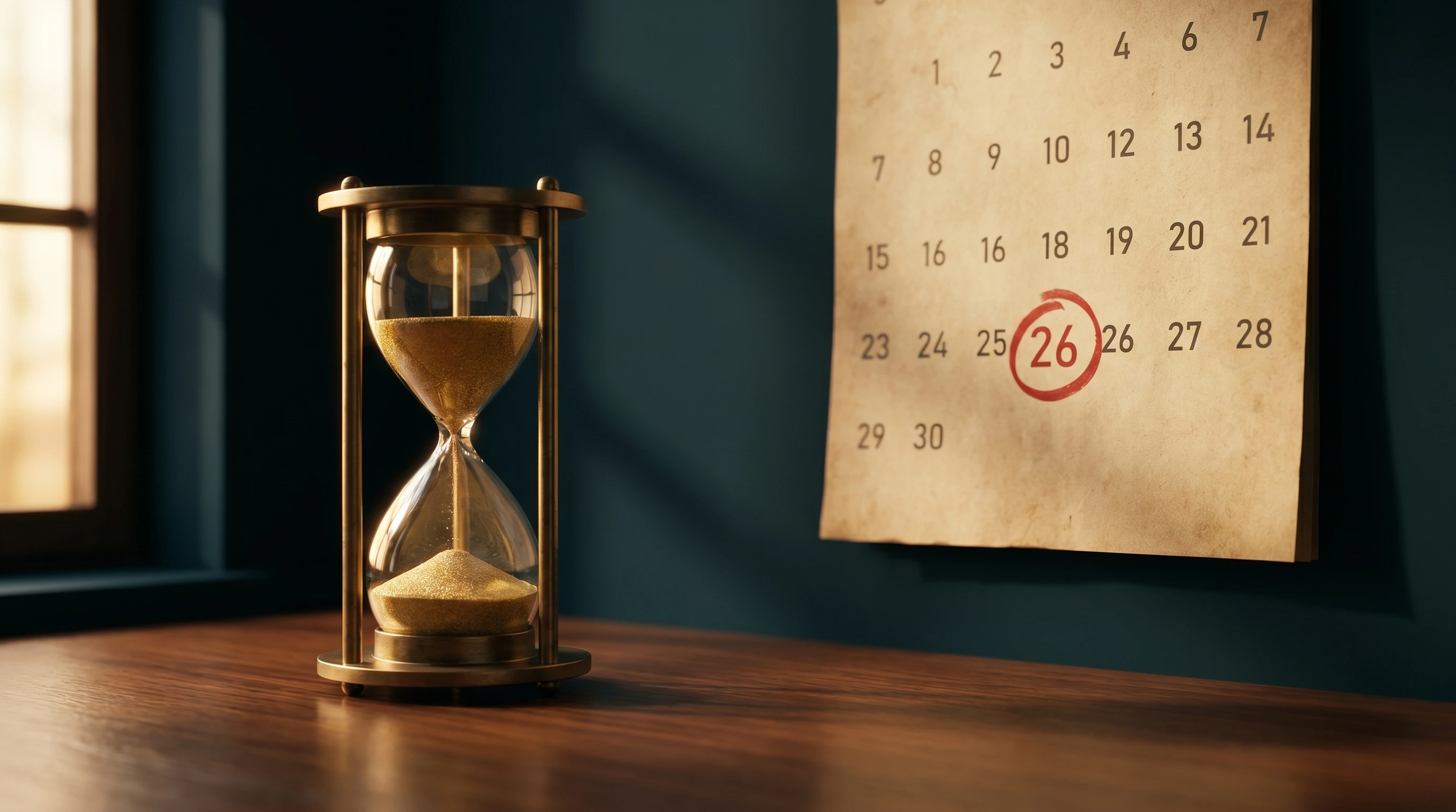 Calendario con una fecha marcada en rojo junto a un reloj de arena
