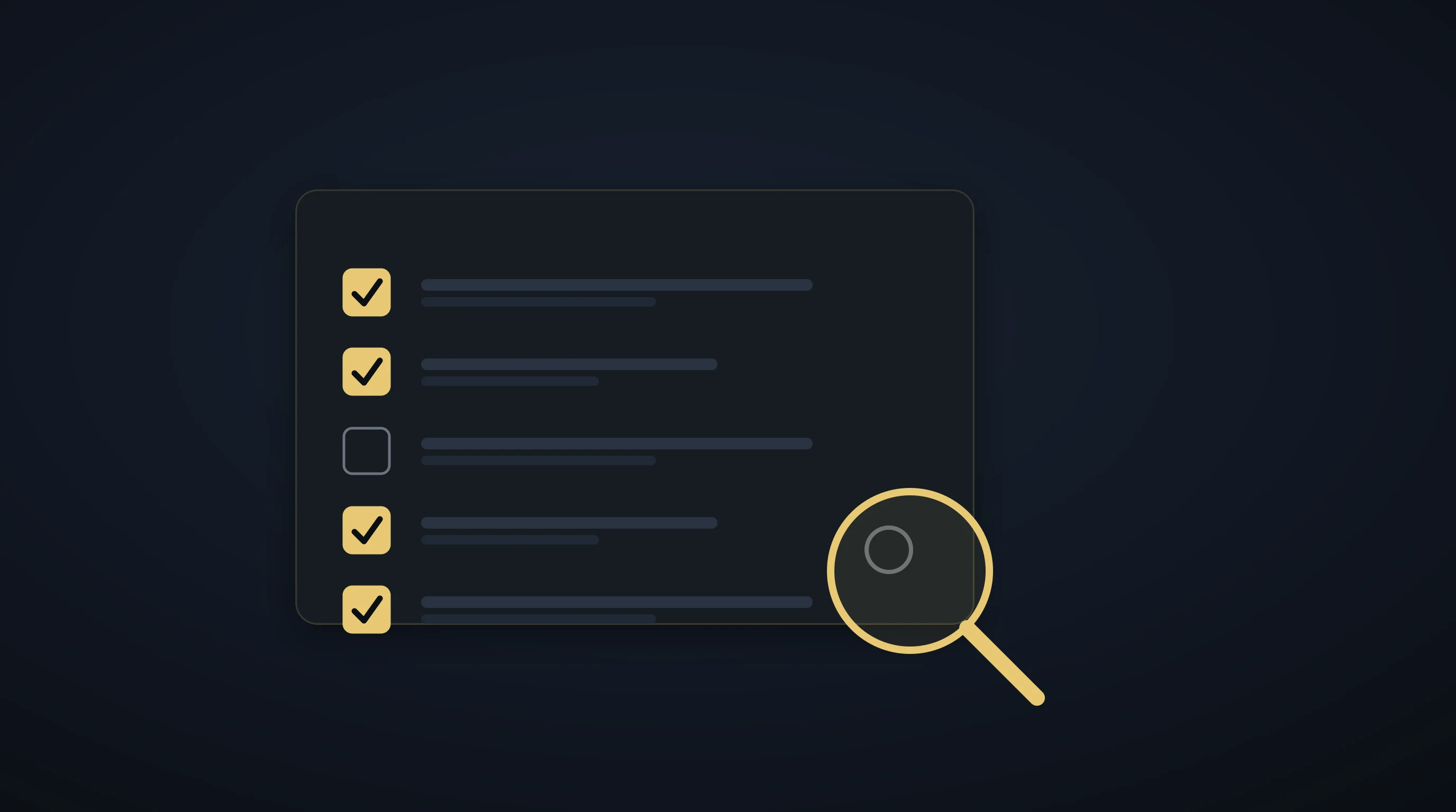 Lupa sobre una lista de verificación con elementos marcados