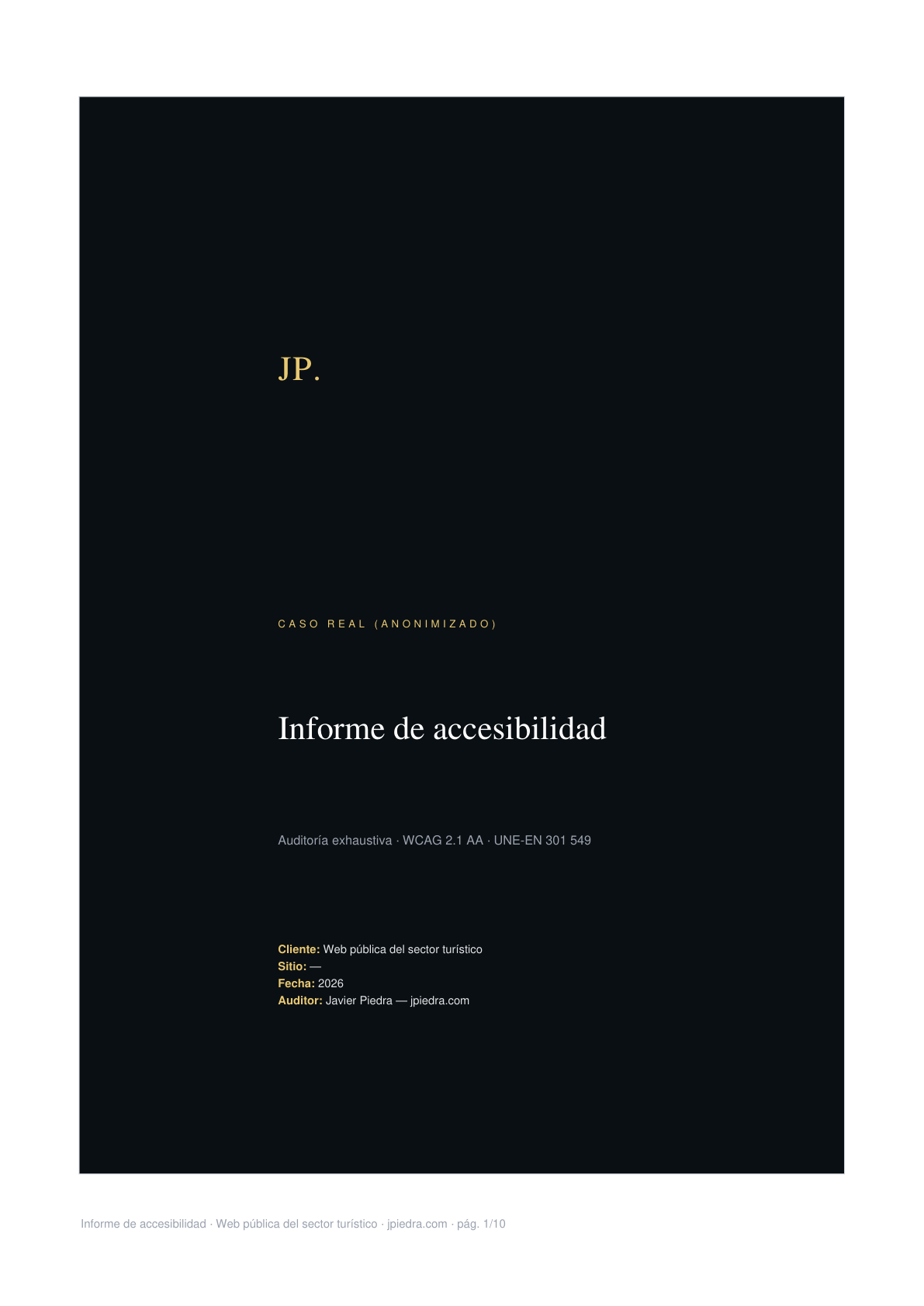 Portada del informe de accesibilidad con la marca de Javier Piedra.